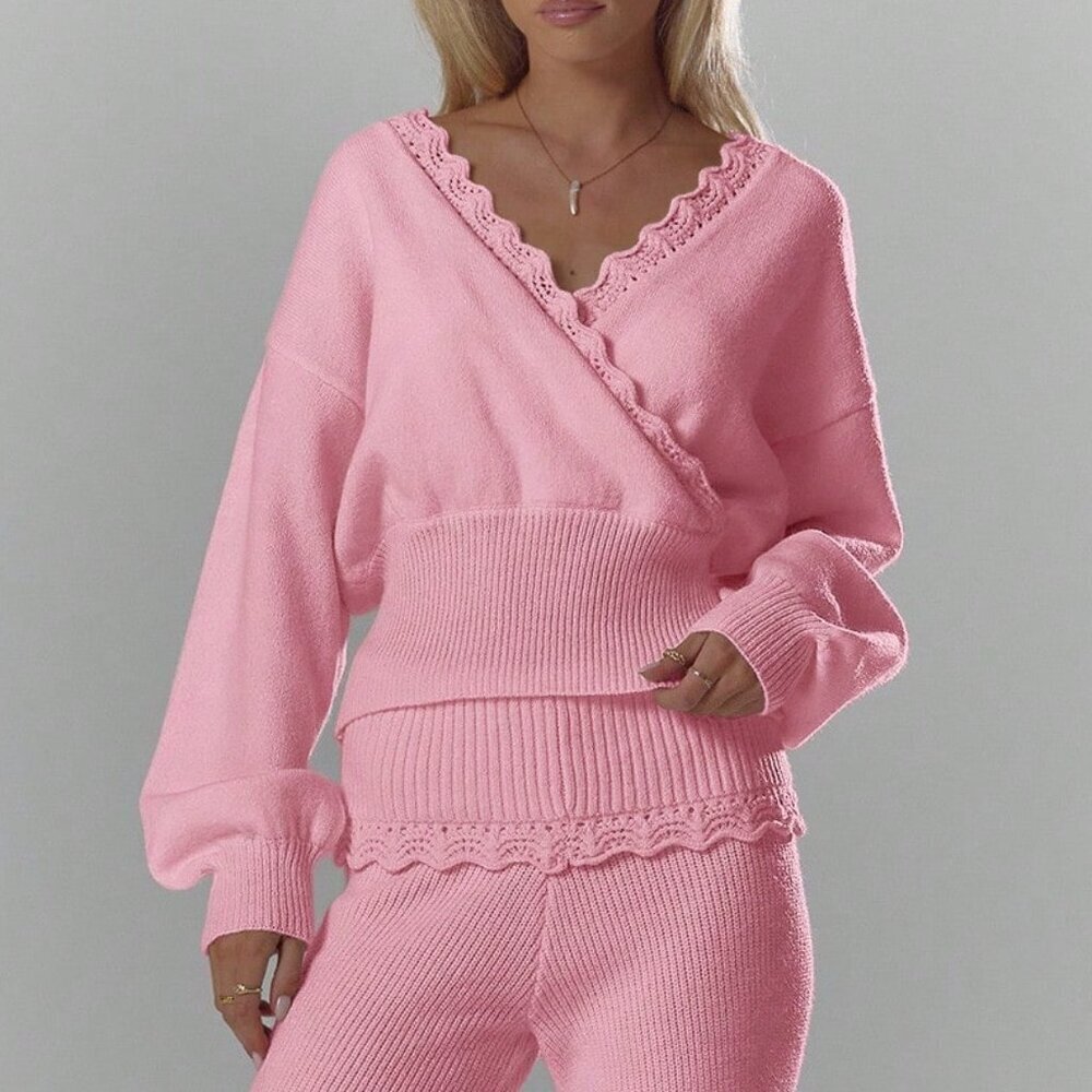 Pink Casual Women's Soft Crochet Knit Long Sleeve Top - Picture 3 of 6